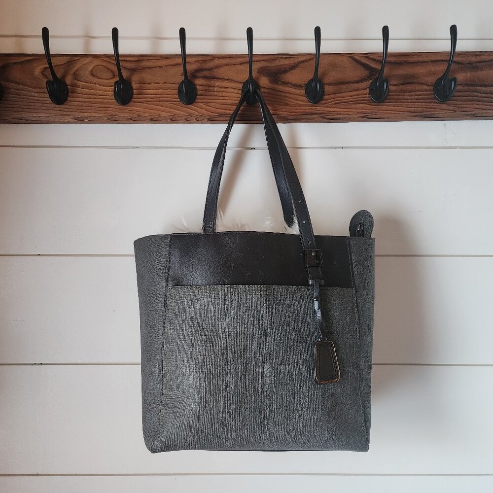 Tumi Sinclair Nora Tote – Gray Coated Canvas, Leather Trim, RFID Pocket, Travel